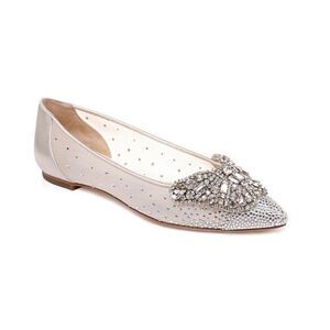 Badgley Mischka Quinn Rhinestone Embellished Evening Flat Ivory Satin Size 8